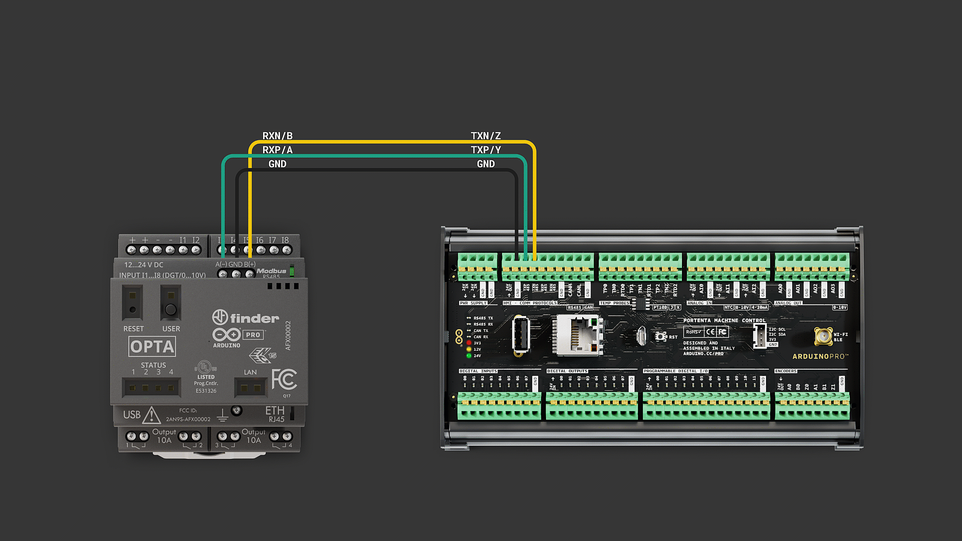Onboard LEDs of an Opta™ device controlled by a Portenta Machine Control device via Modbus TCP