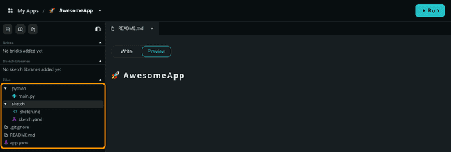 Screenshot of the App Editor in Arduino App Lab, highlighting in the ...