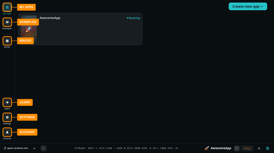 Screenshot of Arduino App Lab, highlighting the left sidebar.