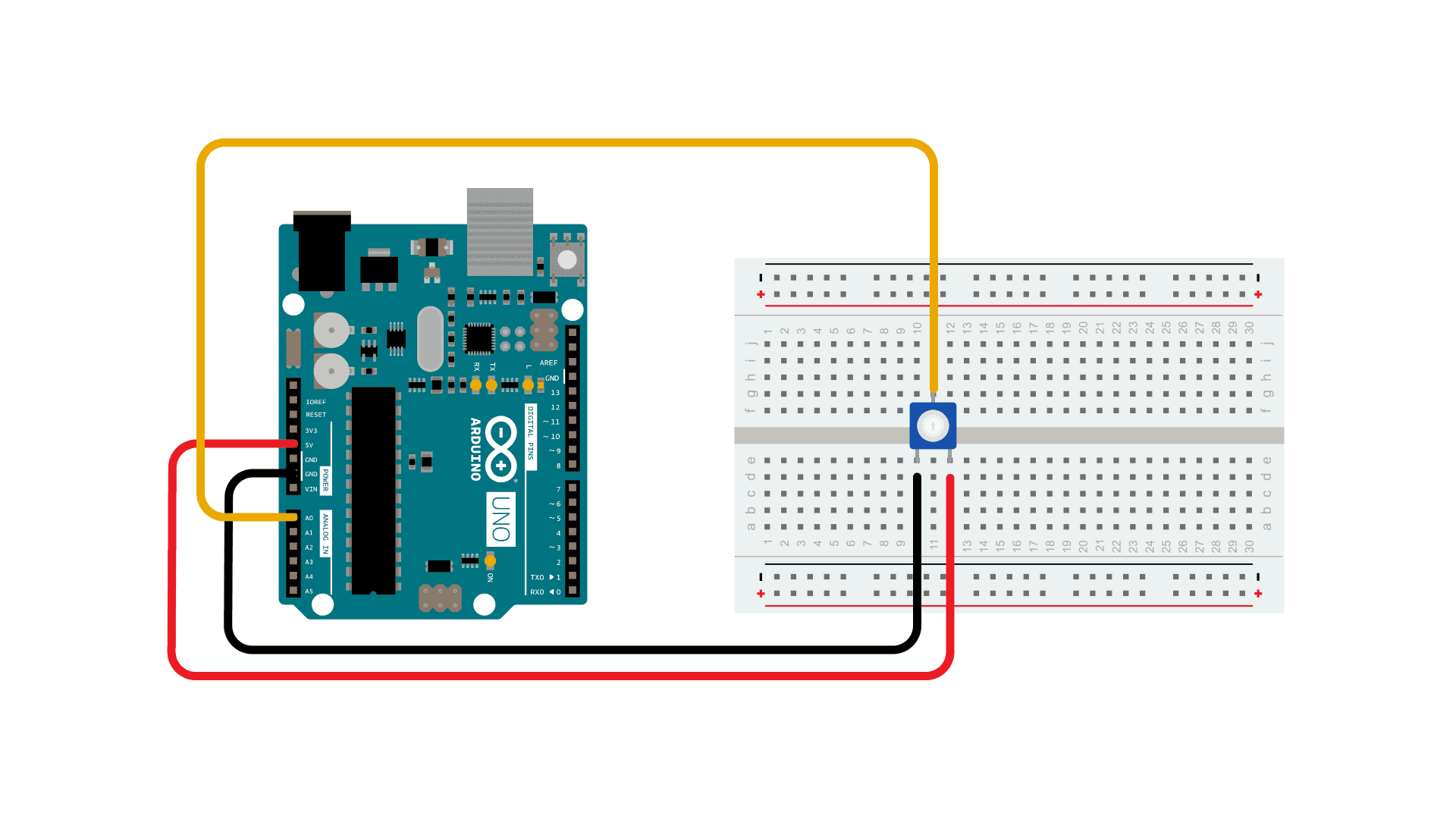 A circuit diagram with a potentiometer hooked up to an Arduino