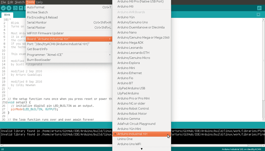 You'll need to select the entry in the Tools > Board menu that ...