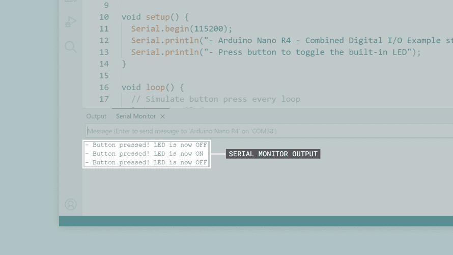 デジタルI/Oスケッチ例での、Arduino IDEのシリアルモニタ出力