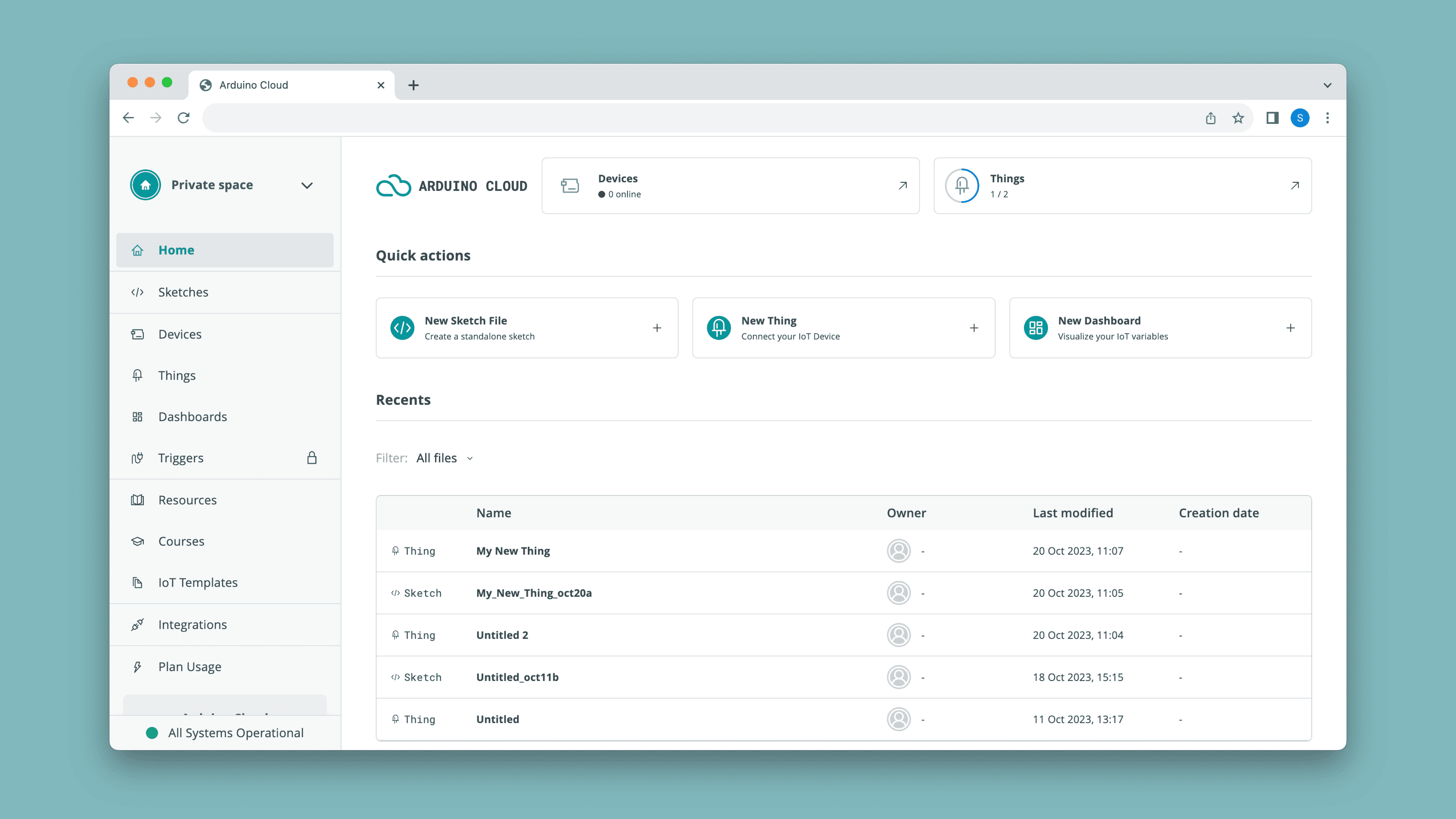 The Arduino Cloud home page.