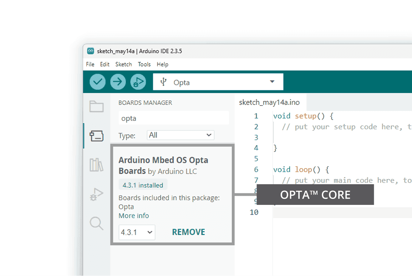 Opta Core Software Installing the Opta™ core in the Arduino IDE bootloader