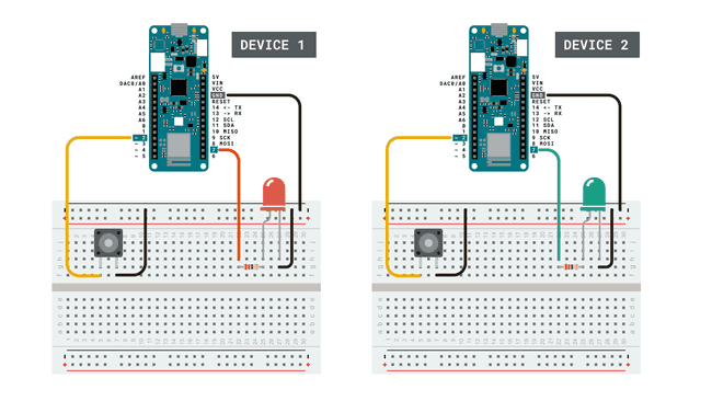 Two identical circuits with 1x button and 1x LED each.
