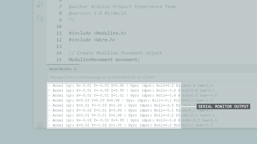 Modulino Movementのスケッチ例でのArduino IDEのシリアルモニター出力