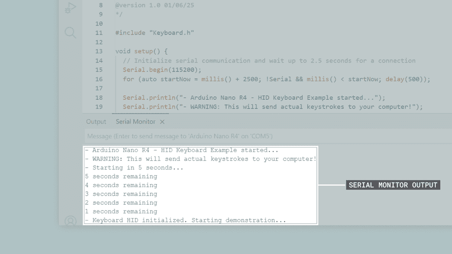 キーボードエミュレーションスケッチ例でのArduino IDEのシリアルモニター出力