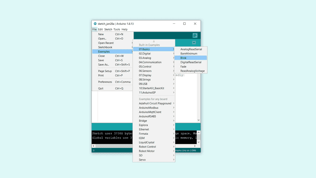 Arduino Megaavr Selecting the blink example.