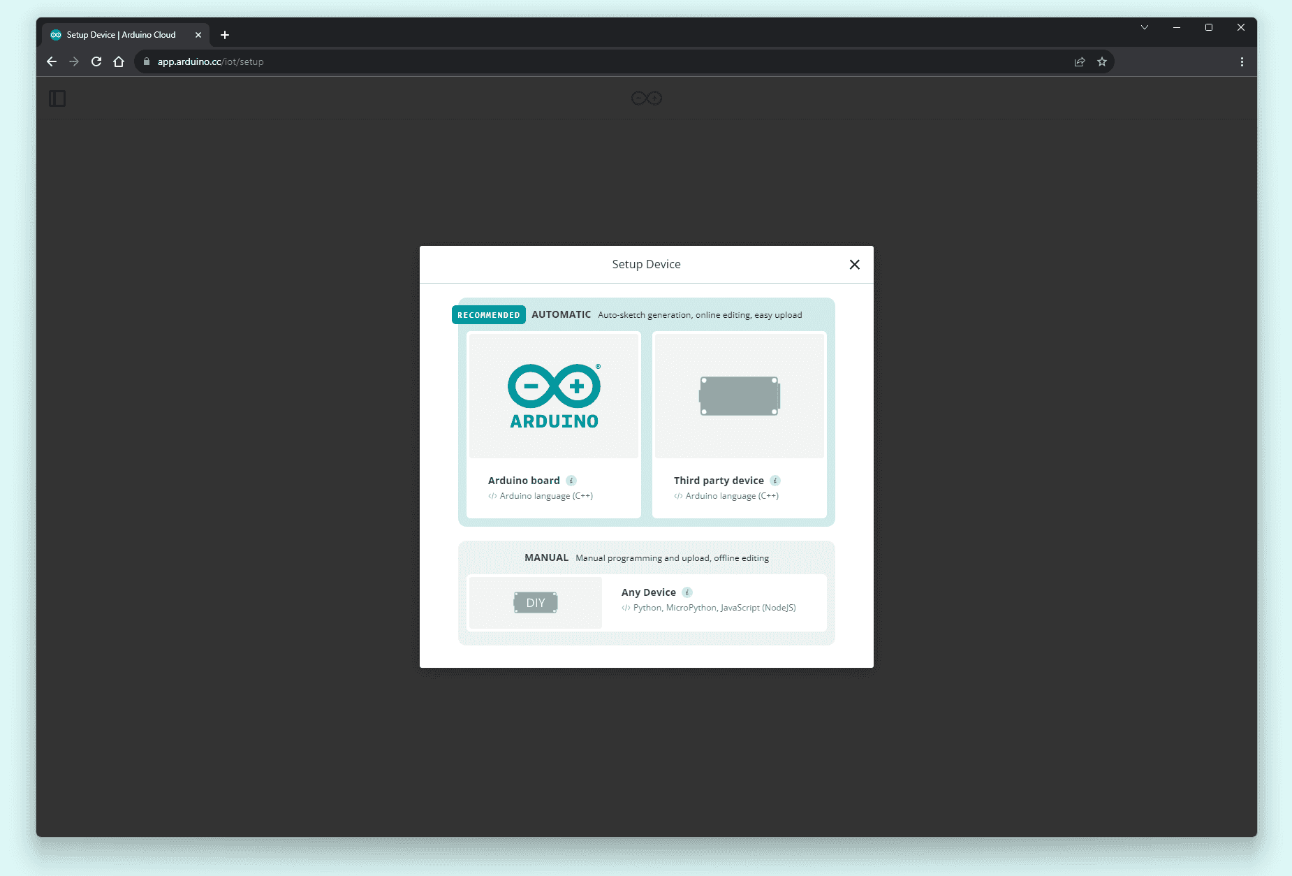 arduino cloud setup device pop up window