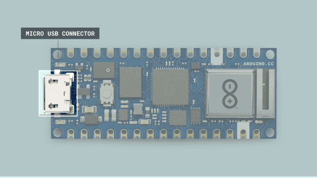 Micro USB connector of the Arduino Nano RP2040 board.