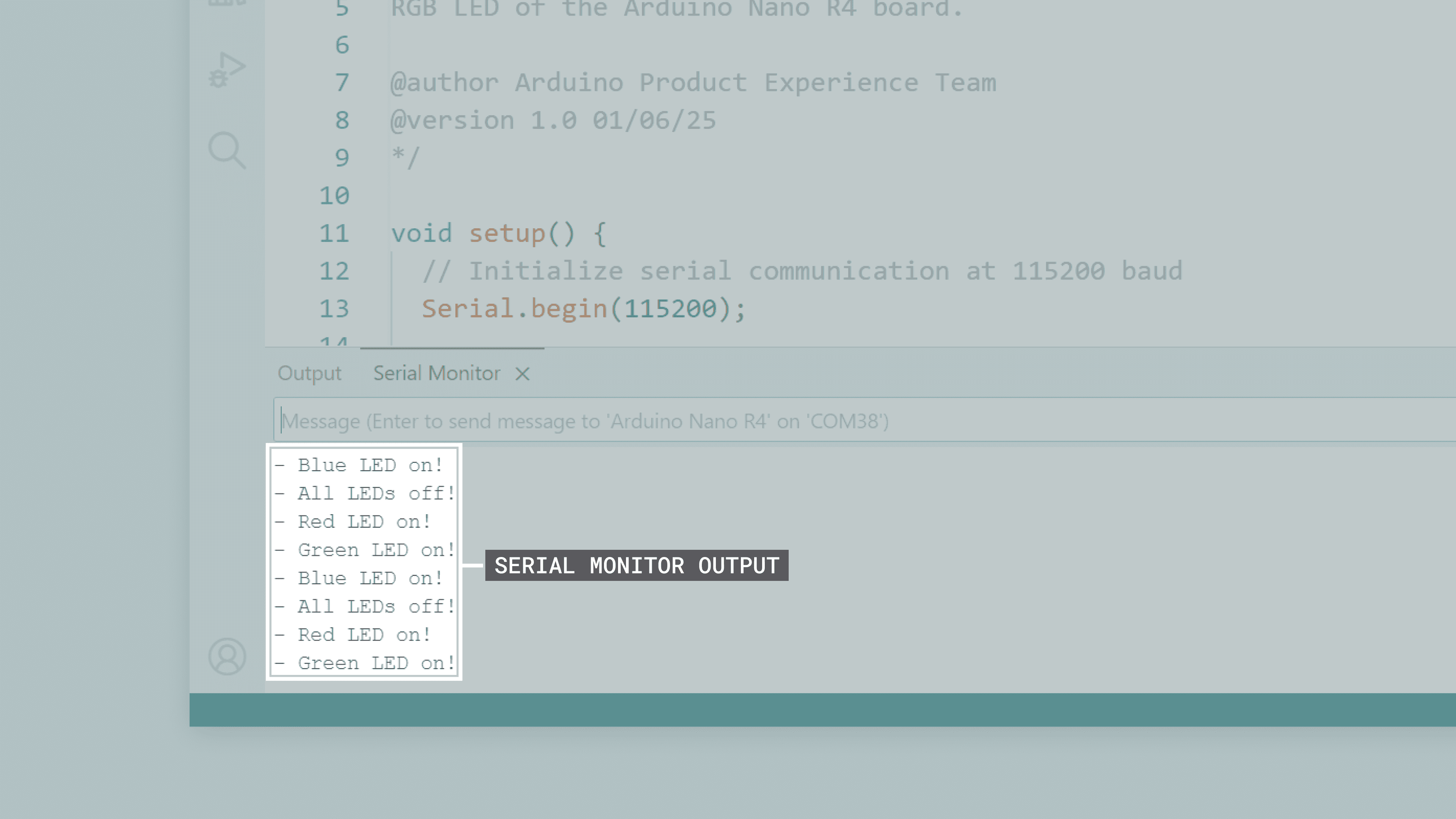 Arduino IDE Serial Monitor output for the RGB LED example sketch