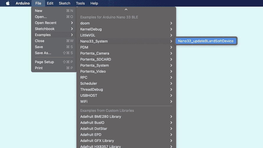 Arduino IDEのスケッチ例、Nano33_updateBootloader sketchをハイライト中