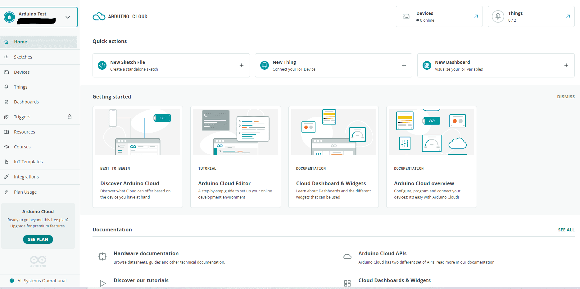 Arduino Cloud Homepage view