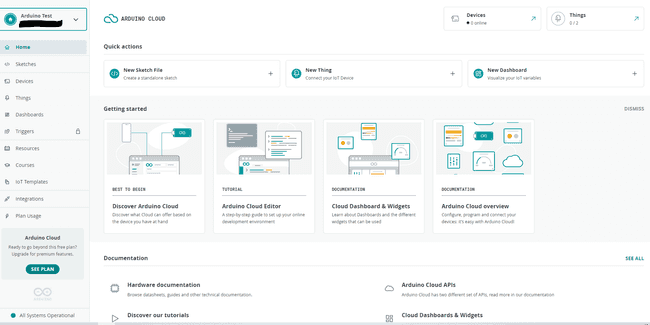Arduino Workspace Arduino Cloud Homepage view