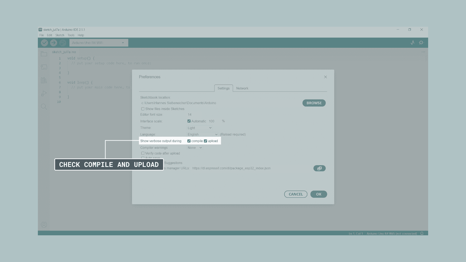 Arduino IDE preference window