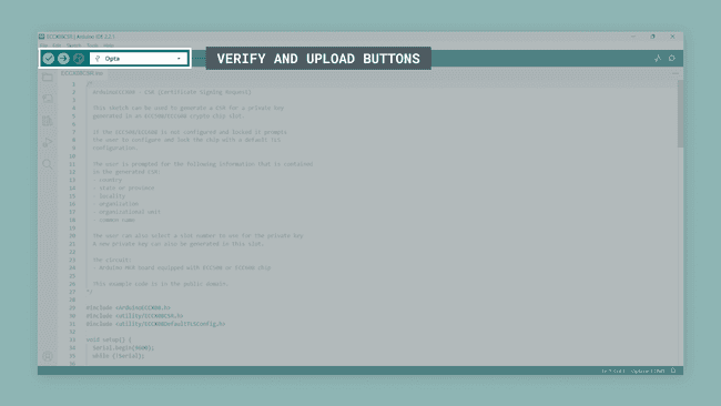 Verify and Upload buttons of the Arduino IDE