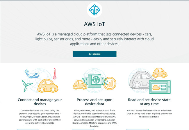 The AWS IoT main page.
