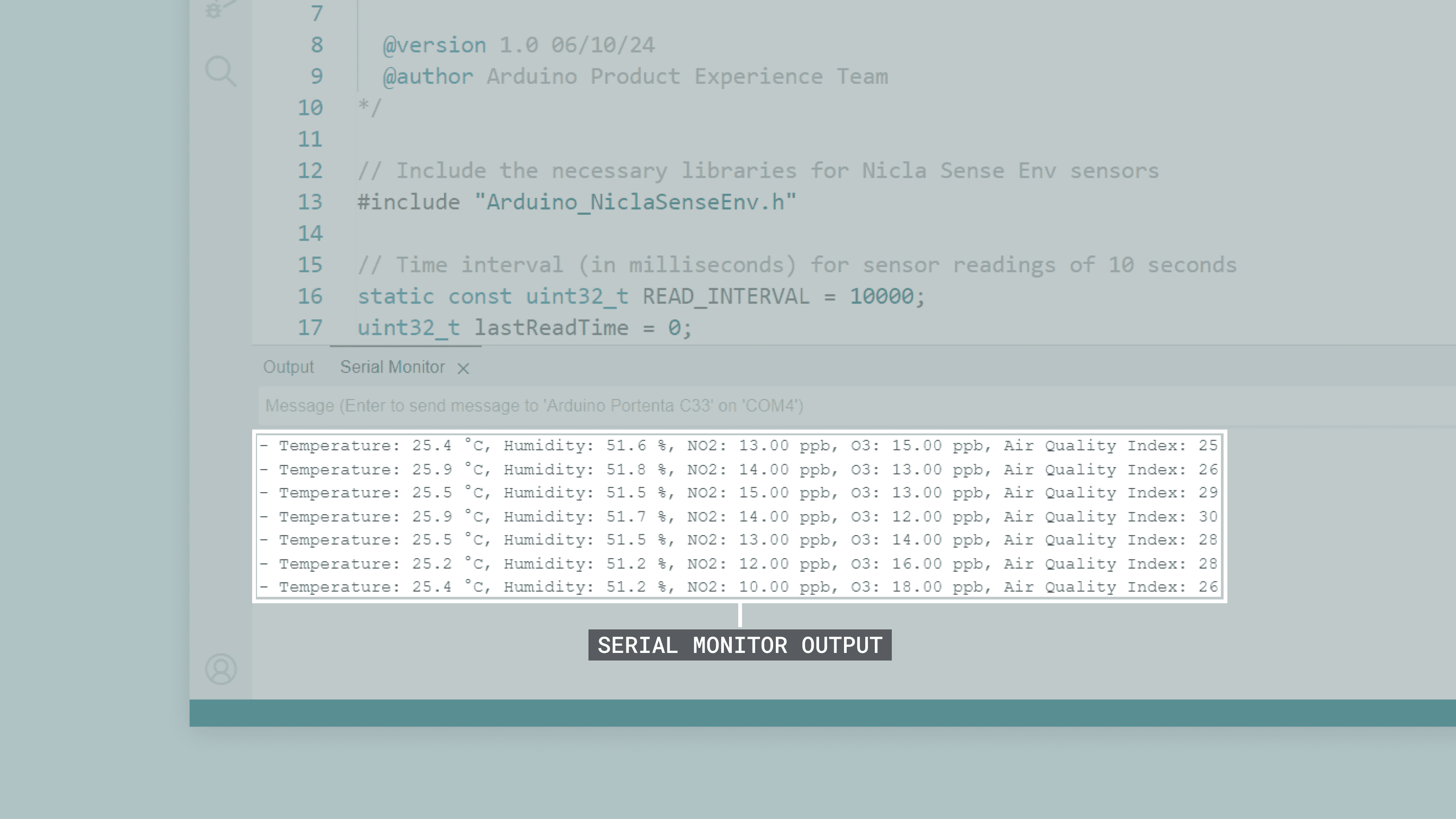 Example sketch output in the Arduino IDE's Serial Monitor