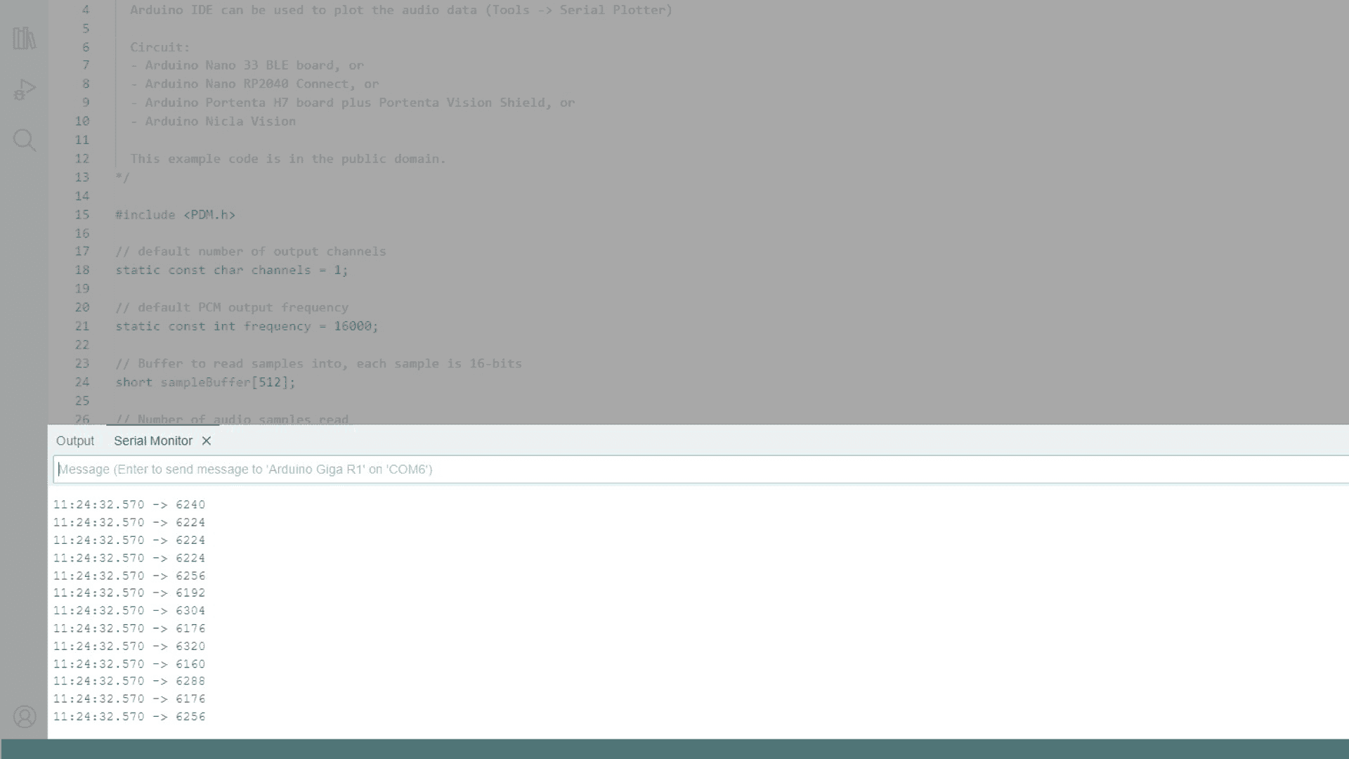 Example sketch printing values in the serial monitor