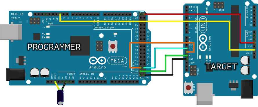 This Arduino NANO is programmed through its ICSP connector with wires ...
