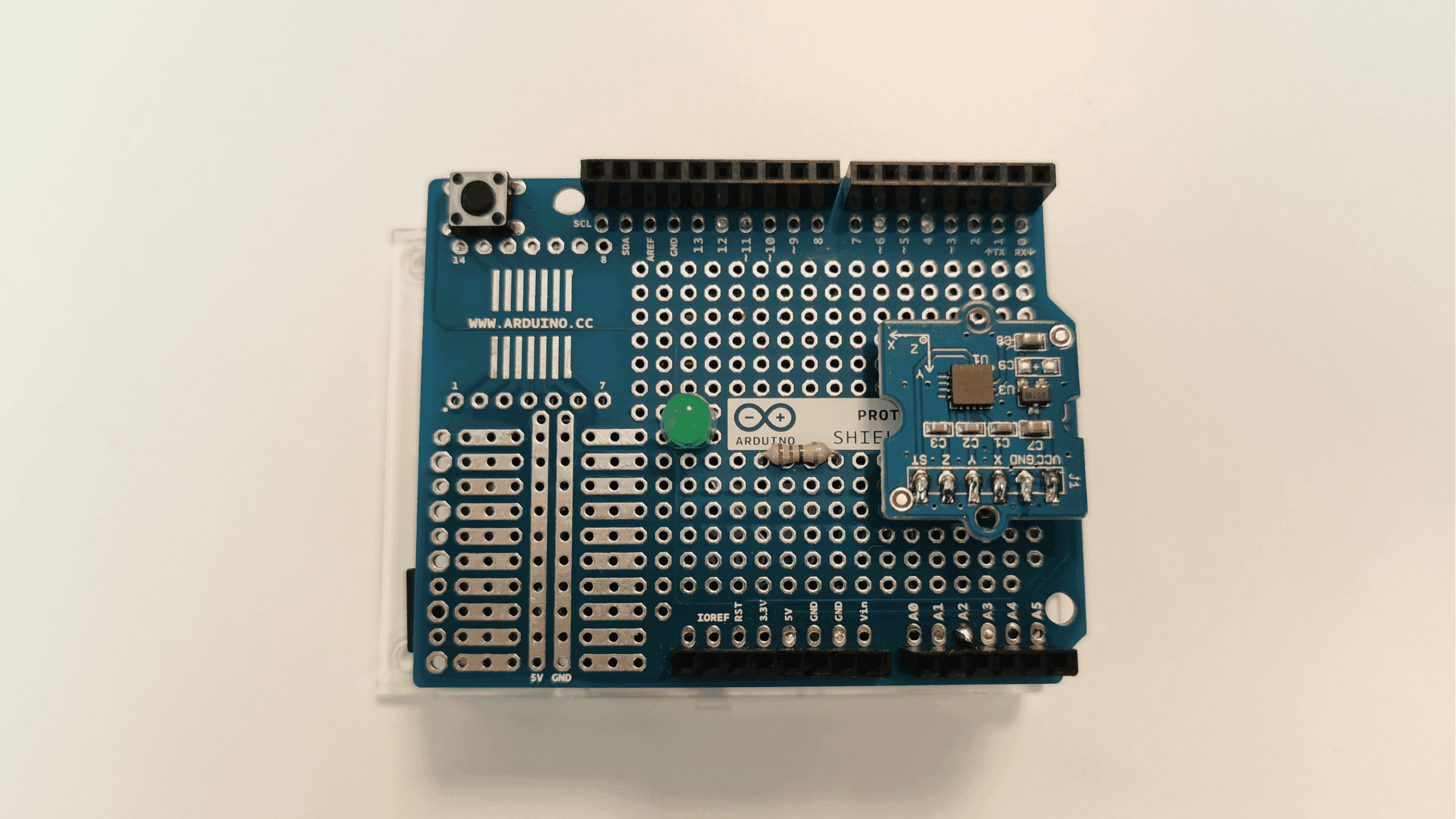Components soldered onto the Proto Shield