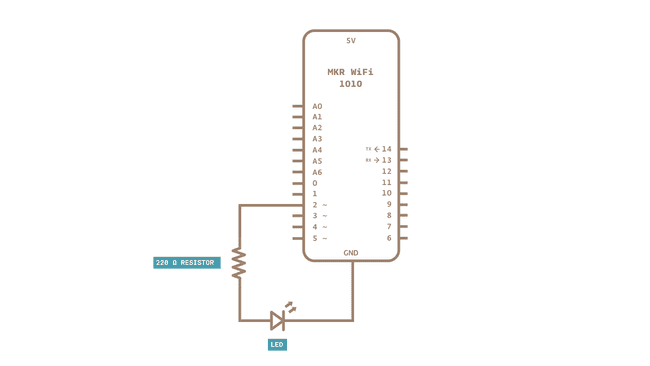 Schematics Showing how to connect LED and resistor to the board.