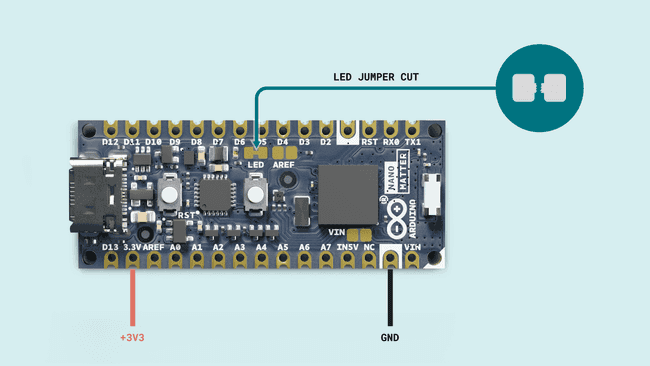 Image showing the LED jumper and external 3.3 V power