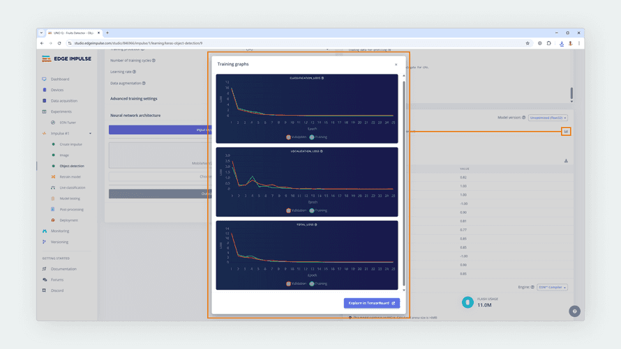 Arduino App Lab Assets Panel Training graphs