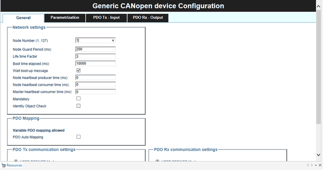 CANopen configuration window
