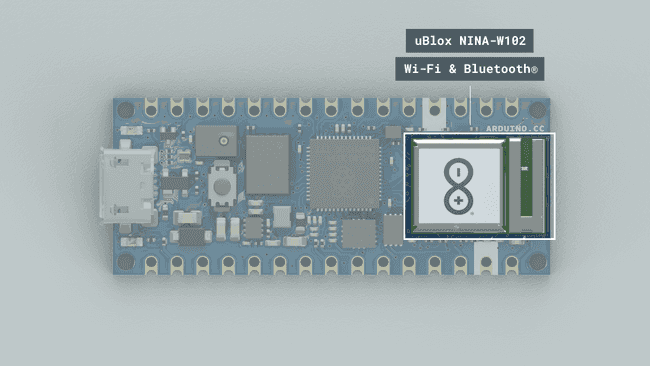 The u-blox NINA-W102 Wi-Fi / Bluetooth® module on the Nano RP2040 Connect board.