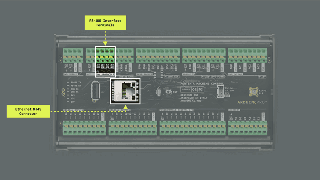 Portenta Machine Control RS-485 interface terminals and onboard RJ45 Ethernet connector