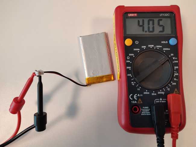 Multimeter connected to a LiPo battery