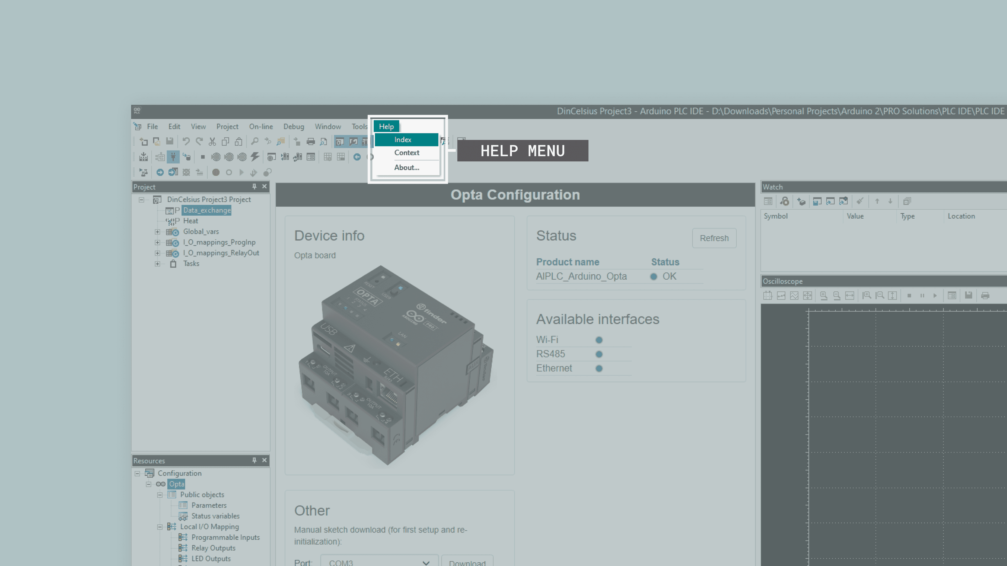 Help menu in the PLC IDE