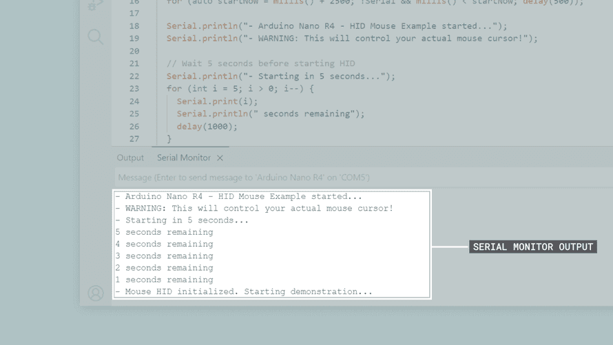 マウスエミュレーションスケッチ例でのArduino IDEのシリアルモニター出力