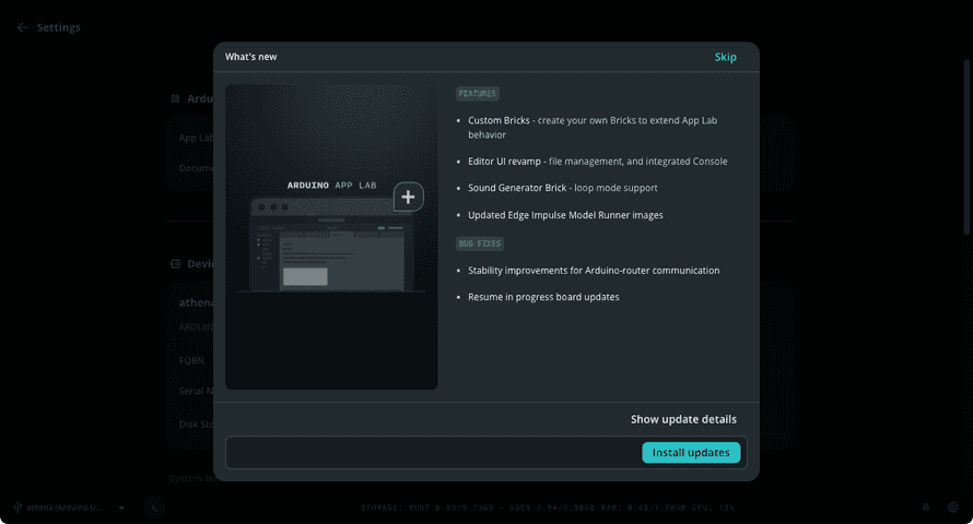 Reviewing software updates in Arduino App Lab