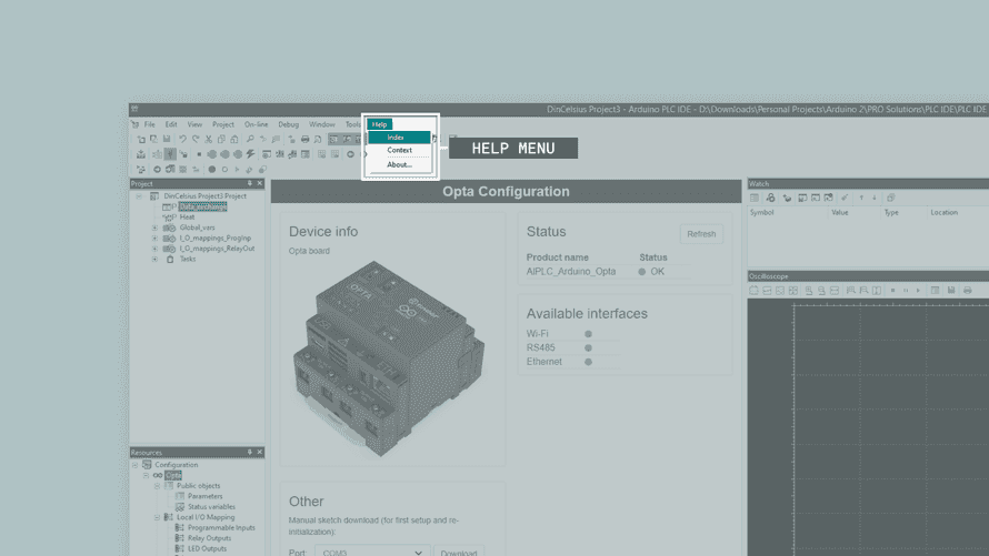 Help menu in the PLC IDE