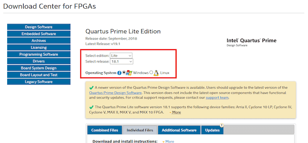 The download page for Quartus Prime Lite.