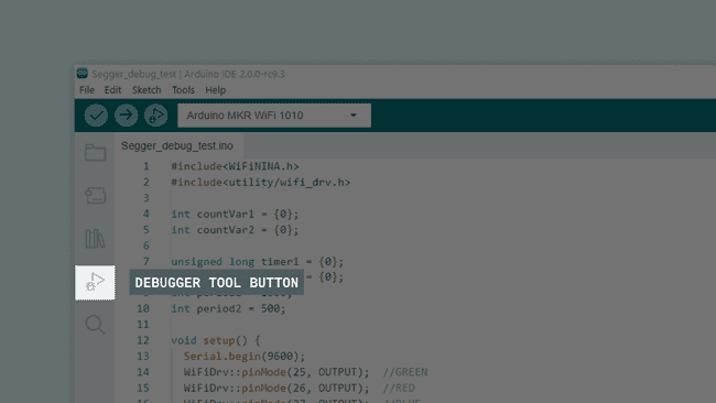 The debugger tool menu option in the left sidebar of the Arduino IDE 2