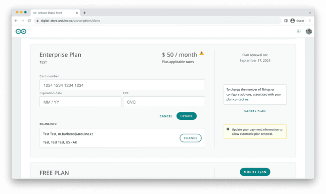 Arduino Cloud Subscription Details