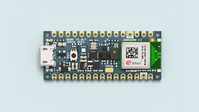 Arduino Nano 33 BLE Sense Rev2 board is smaller than a stick of gum.