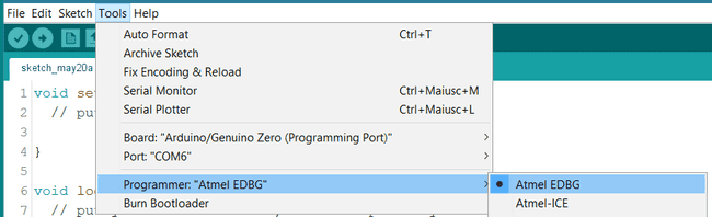 Make sure to select ATMEL EDBG as the programmer.